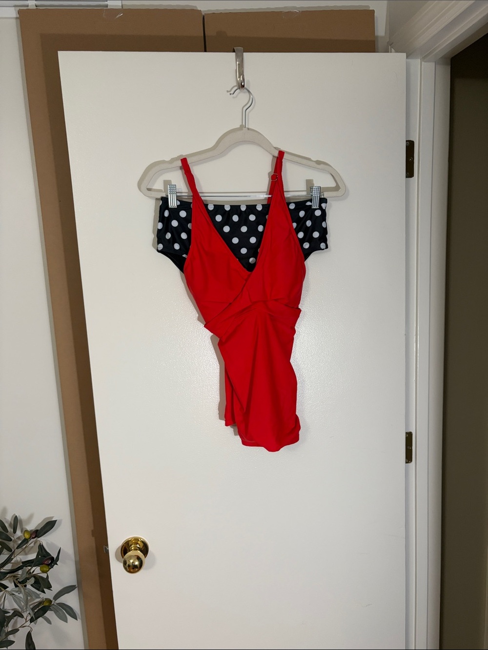 Red Tankini with Black & White Polka Dot Bottoms